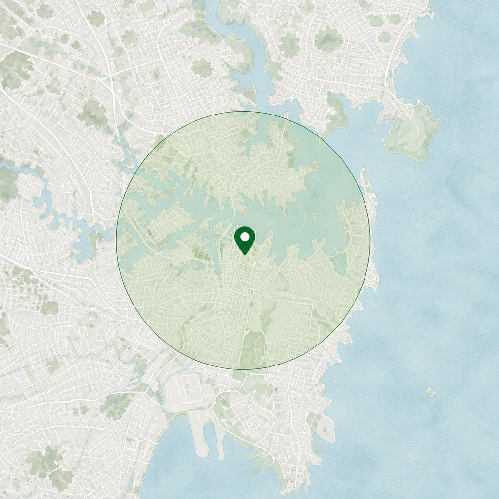 Sydney territory map showing an artist's protected service radius